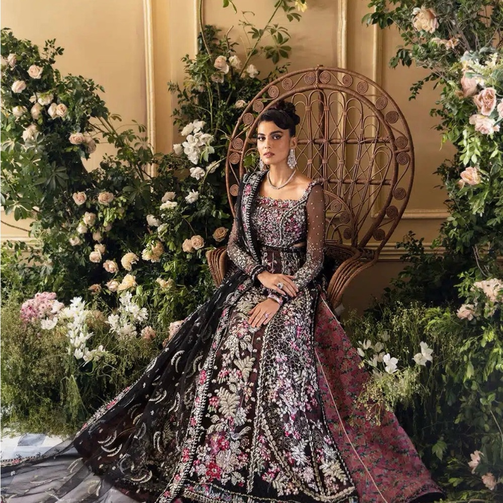 Black and Pink Square Neck Gown with Bishop Sleeves